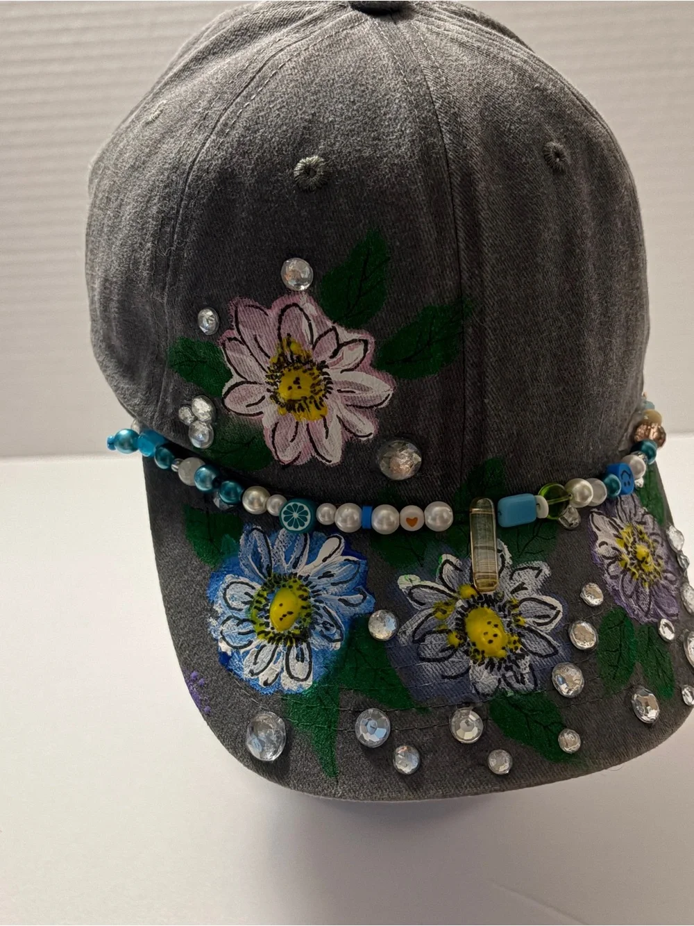 Gray Floral Beaded Women's Baseball Cap